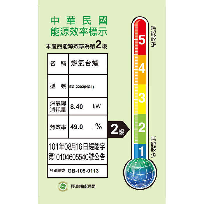 二級節能兩口檯面瓦斯爐(天然瓦斯) EG-2202N